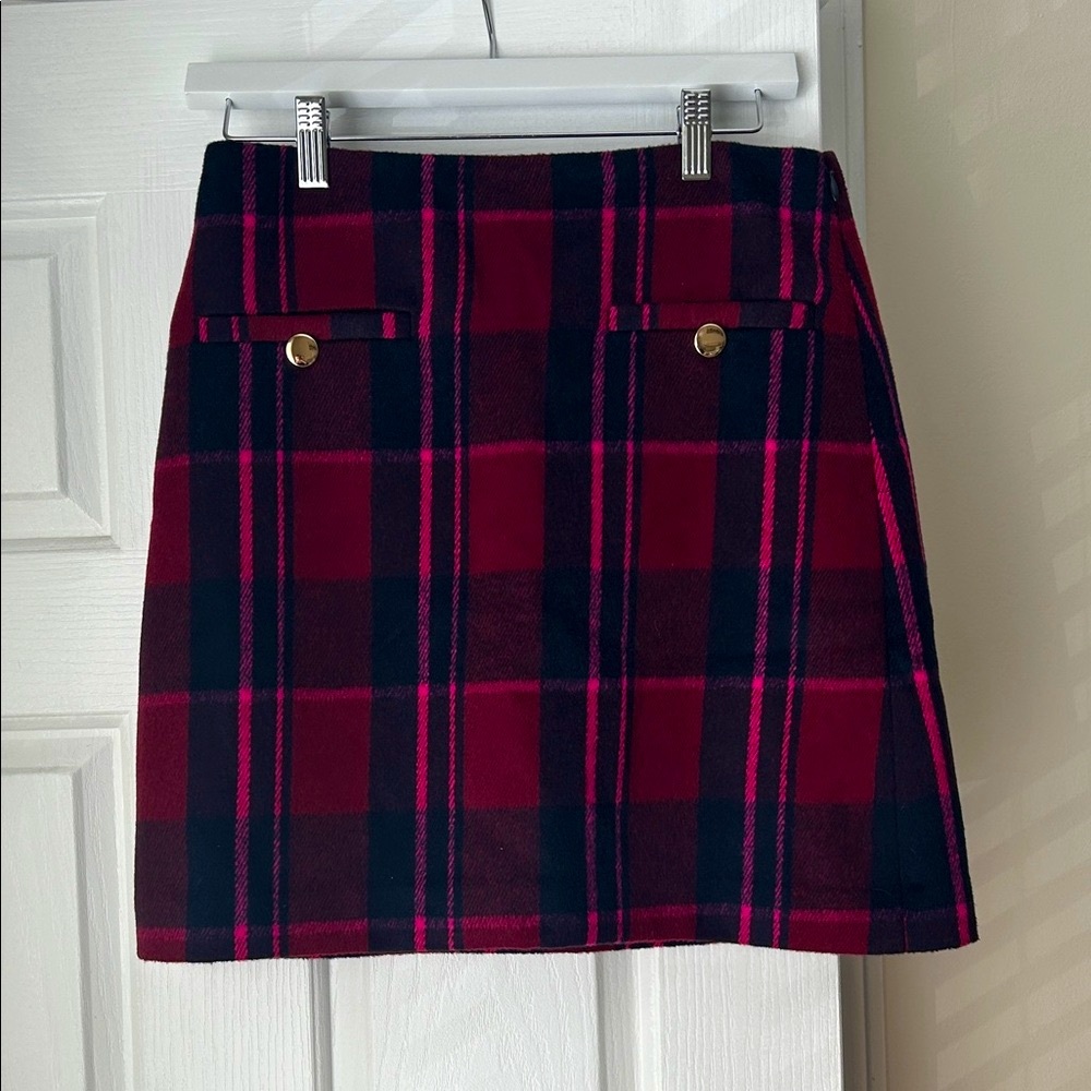 LOFT Burgundy and Navy Plaid Mini Skirt
